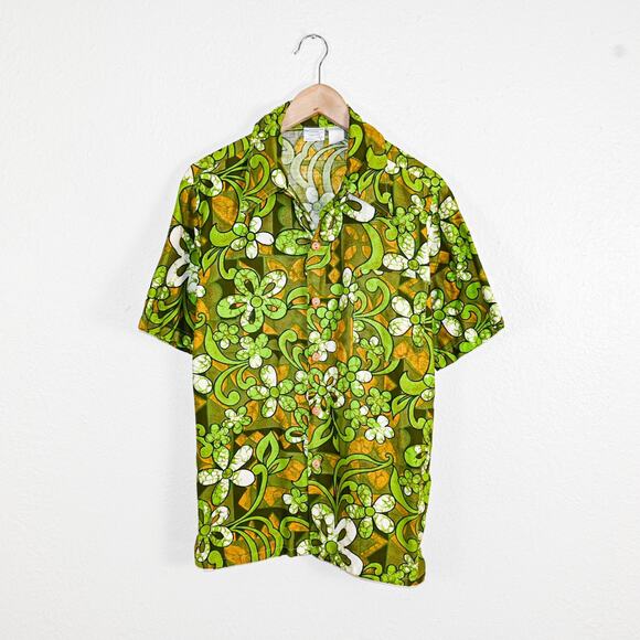 70's Vintage TownCraft JCPenney Green Retro floral Print Shirt Point collar sz L - Picture 1 of 5